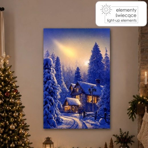 Lærredsbillede med LED-belysning – vinterhus i skoven 40 × 60 × 3,2 cm - 1 stk.