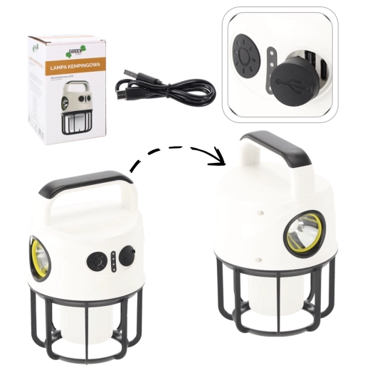 Genopladelig camping LED-lampe med powerbank og spotlygte