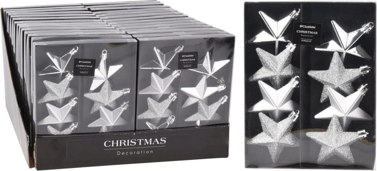 Jule stjerner 6,5 cm – sølv mix (8 stk)