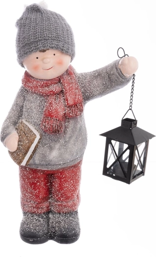 Juledekoration dreng med lanterne i polyresin 39 cm