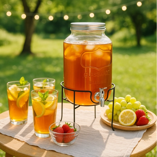 Glasdrinksdispenser 4 l med hane og metal låg på stativ
