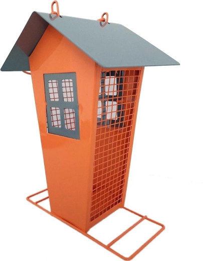 Fuglefoderhus i metal formet som et lille hus