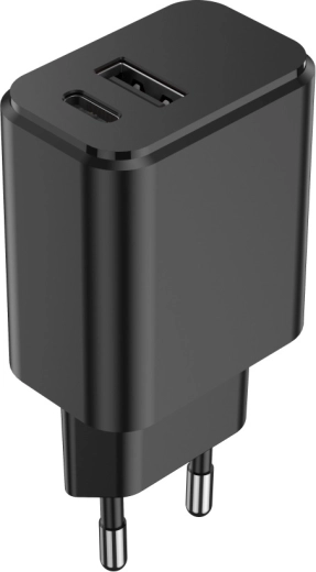 Setty vægoplader 20 W med USB‑C PD og USB‑A QC, sort