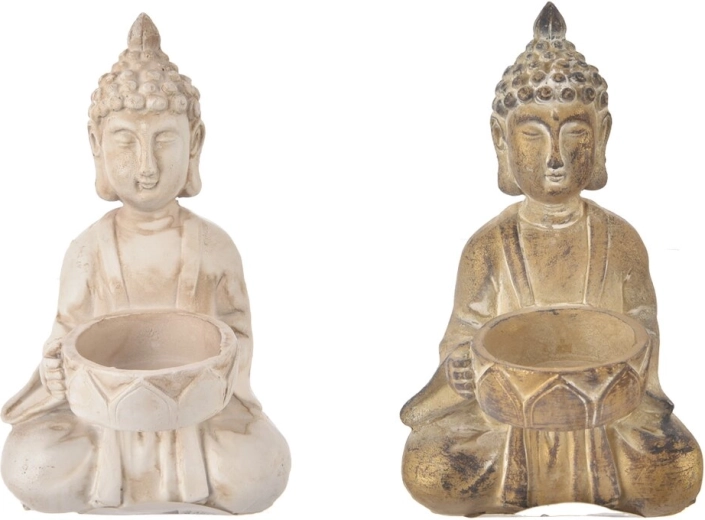 Buddha-lysestage i polyresin 9 × 9 × 14 cm (2 varianter)