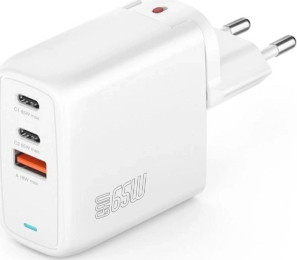Vægoplader GaN Flex 65W, 2× USB‑C + 1× USB‑A, hvid