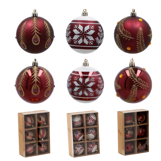 Sæt med 6 bordeauxrøde julekugler 8 cm i uknuseligt plast