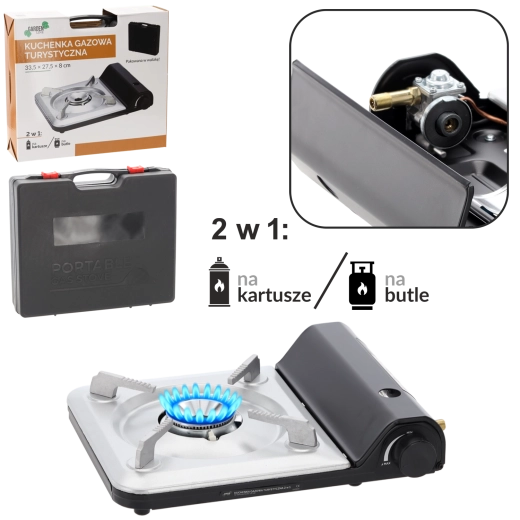 Turistisk gasbrænder 2-i-1 til patroner og flasker 3,5 kW