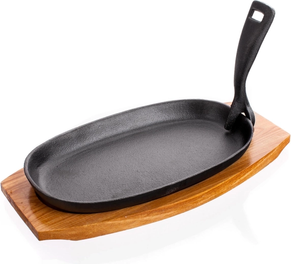 Oval støbejernspande 23 × 14 cm med træbræt GRADA