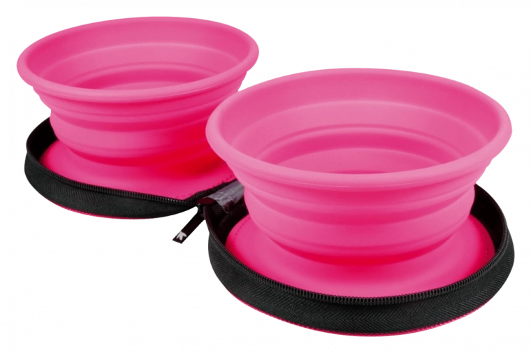 Kiwi Walker rejsemadskål til kæledyr – pink, sammenklappelig silikone dobbelt skål 2×350 ml