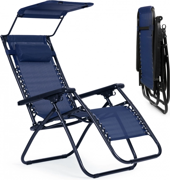 Have- og strandliggestol med justerbar position og solskærm, blå