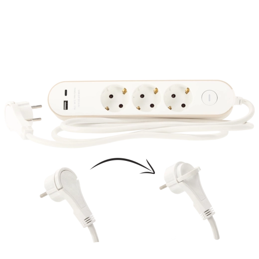 Forlængeroverspændingsliste med kontakt, 3 Schuko-stik og 2 USB (USB-A + USB-C), 1,5 m, hvid