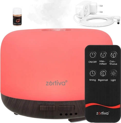 Zortiva ultralyds-aromadiffuser og luftfugter med LED-belysning og fjernbetjening - 1 stk.