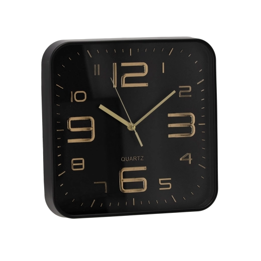 Væghængt firkantet ur 30,2 × 30,2 cm sort med gyldne tal