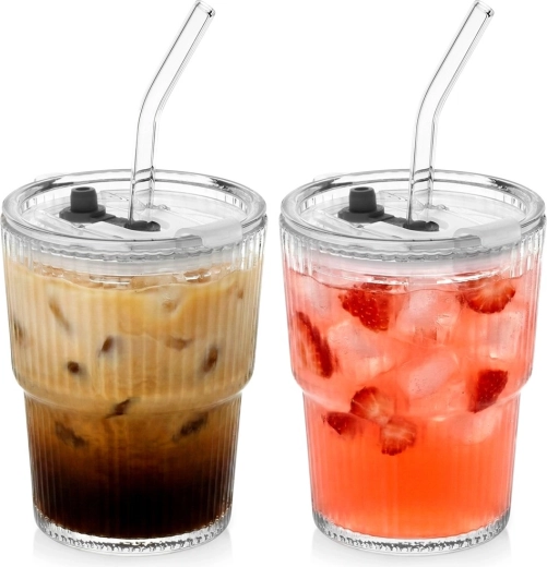 Glas-tumblere med låg og sugerør 340 ml, sæt med 2 stk.