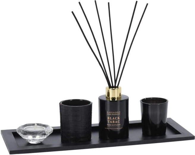 Lysestage og diffuser i træ og glas, sæt med 5 dele