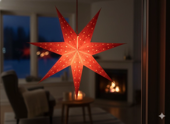 Papirstjerne til jul 60 cm rød med guldbroderi