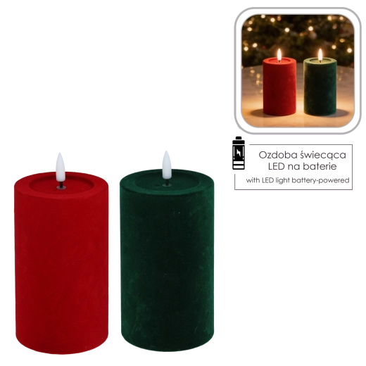 Velour LED-lys med flakkende flamme rød/grøn 7,5 × 15,5 cm - 1 stk.