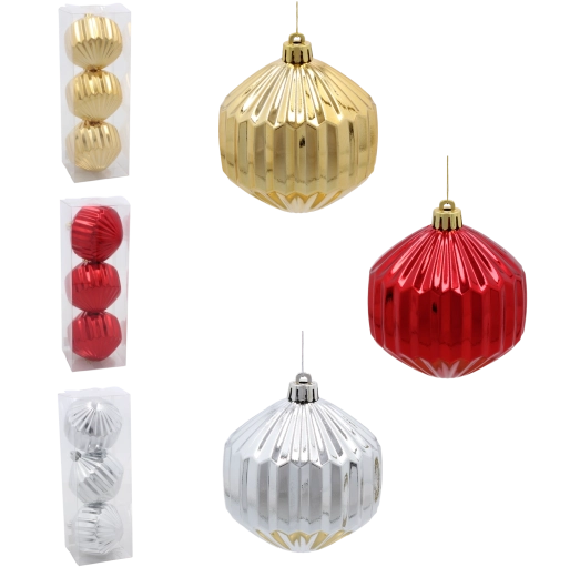 Sæt med julekugler 8 cm – rød, guld og sølv, blanke riflede ornamenter (3 stk)