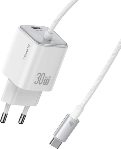 USAMS JC-serien CC264 30 W GaN-hurtigoplader med integreret USB‑C-kabel (hvid)