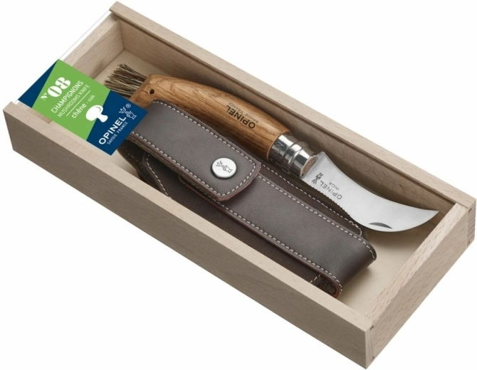 Opinel N°08 Inox svampefoldekniv, eg, læderetui, gaveæske