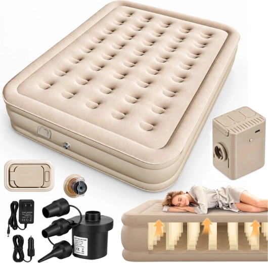 Oppustelig dobbeltmadras med elektrisk pumpe og pude, beige, 198 × 152 cm