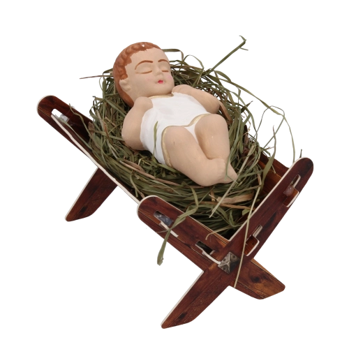 Figur til julekrybbe – Jesusbarnet (barn i krybbe i hø), stor farvet – 1 stk.