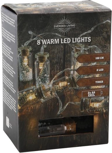 Lyskæde med timer, 8 LED-flasker med lille træ, 100 cm