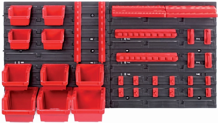 Væghængt panel med 10 bokse og 22 holdere til værktøj ORDERLINE 800 × 165 × 400 mm