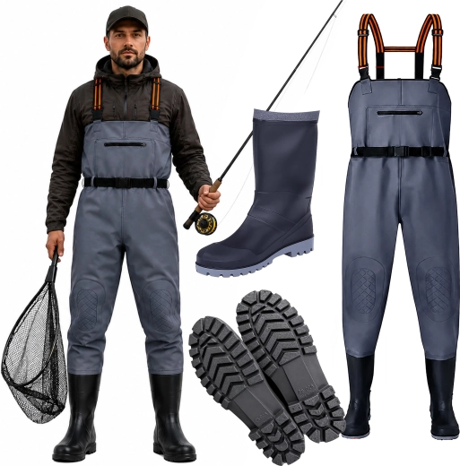 Fiske-waders med integrerede gummistøvler, størrelse 43