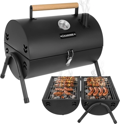 Bærbar havekulgrill med låg og termometer KAMINER