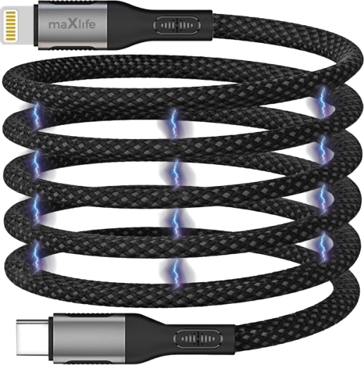 Maxlife magnetisk kabel USB-C – Lightning 1 m 27 W, nylon, sort