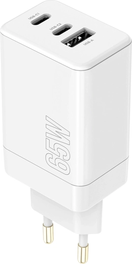 Maxlife 65W USB-C PD/QC vægoplader med 2× USB‑C og 1× USB‑A, hvid