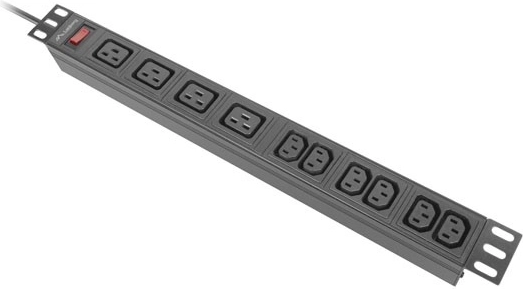 Lanberg rackmonteret strømfordelingsliste PDU 19" 1U 16 A, 4× C19 + 6× C13, tilledning 2 m, sort