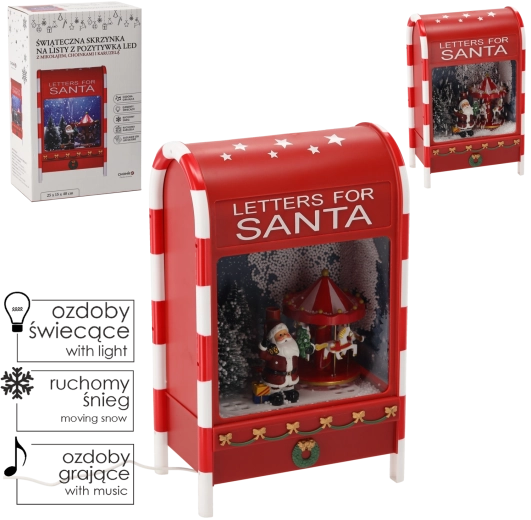 Julepostkasse med LED, musik og karrusel, rød, 25 × 15 × 40 cm