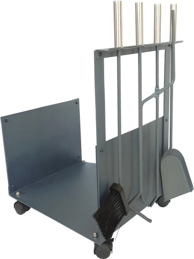 Brændekurv med redskaber 62 cm – stål og træ, grå, sæt med 4 dele