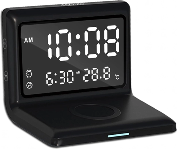 3-i-1 digitalt vækkeur med trådløs opladning 15 W og termometer, spejlskærm