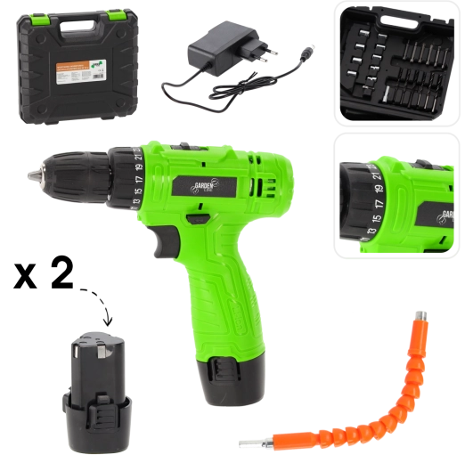 Batteridrevet boremaskine 12 V 500 W med 2 batterier og tilbehør