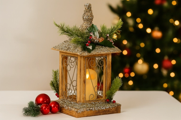 Juletræslanterne i træ med LED-lys og stearinlys 18 × 18 × 38 cm