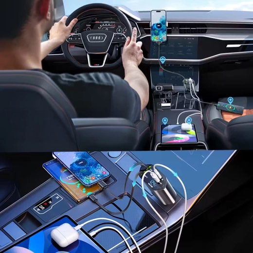 Biloplader 4-i-1 med USB‑C og Lightning, udtrækkeligt kabel, 100 W hurtigopladning