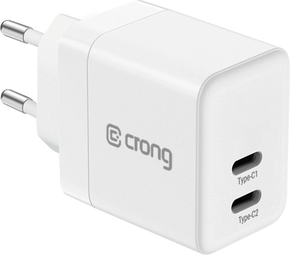 Crong ultrakompakt GaN vægoplader 2× USB-C 35 W PD 3.0 med PPS hvid