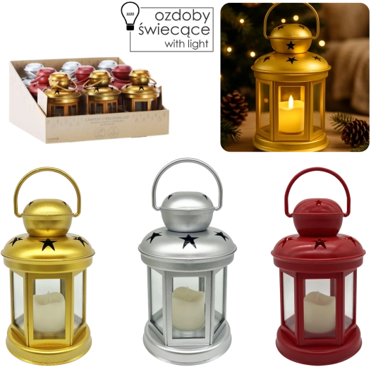 Dekorativ LED lanterne 19 cm – sølv, guld og rød