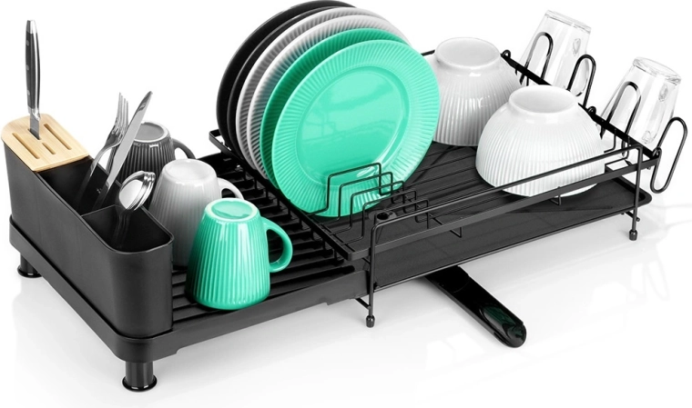Udtrækkelig metal-opvaskestativ i sort, 48–70 × 32,5 × 18 cm
