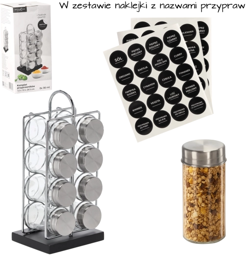 Rektangulær krydderiholder med håndtag og 8 glas, sølv-sort, 12 × 10 × 26,5 cm