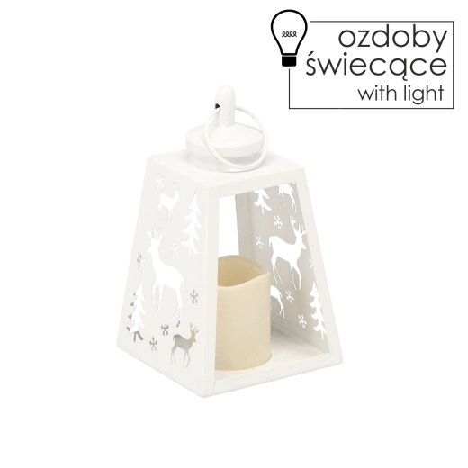 LED lanterne i hvidt metal med rensdyrmotiv 12 × 21,5 cm