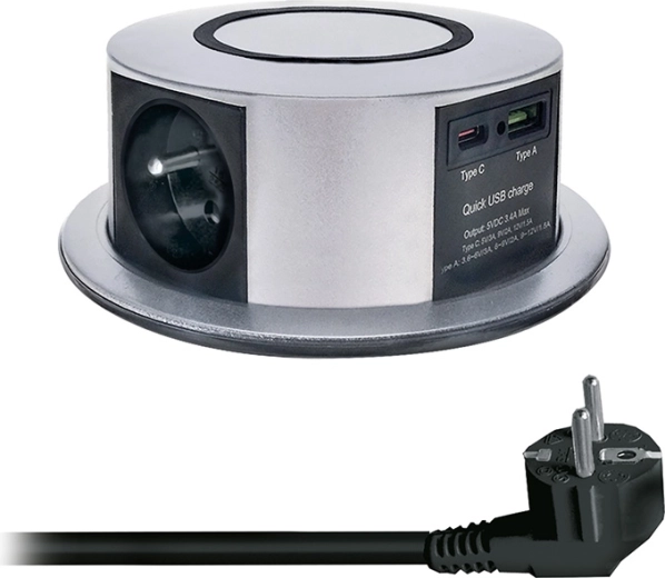 Solight udtræks-/pop-up-stikblok til bordplade 3× 230 V + USB-A/USB-C PD 20 W med trådløs Qi-opladning 10 W, 2 m, sølv