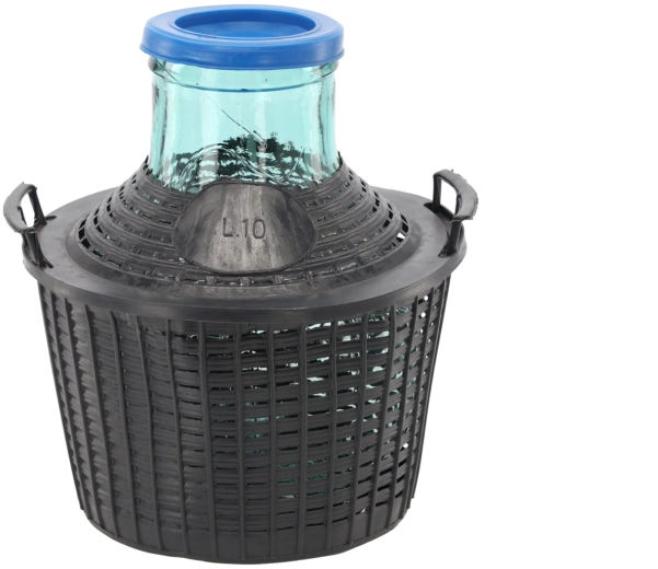 Glasdamejeanne i kurv 10 l med bred hals