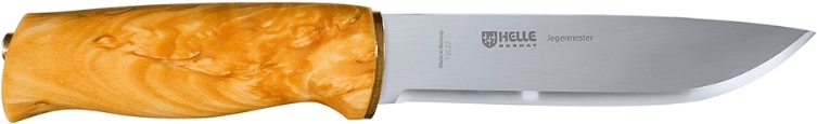 Helle Jegermester jagtkniv 13,5 cm med skæfte af krøllet birk og læderskede