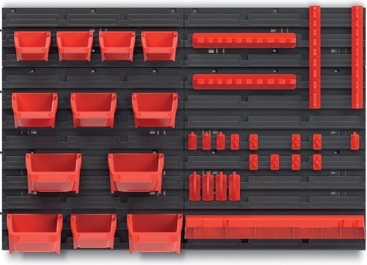 Vægpanel med 12 bokse, BINEER krog-sæt og BINNER hylde