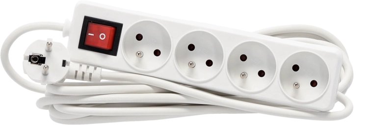 Forlængeroverspændingsliste med afbryder, 4 stik, 5 m kabel, hvid