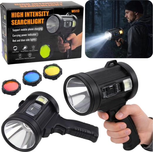Solcelledrevet LED-håndprojektør 800 lm med powerbank og udskiftelige filtre